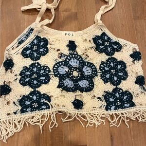 POL Cream and Blue Crochet Crop Top